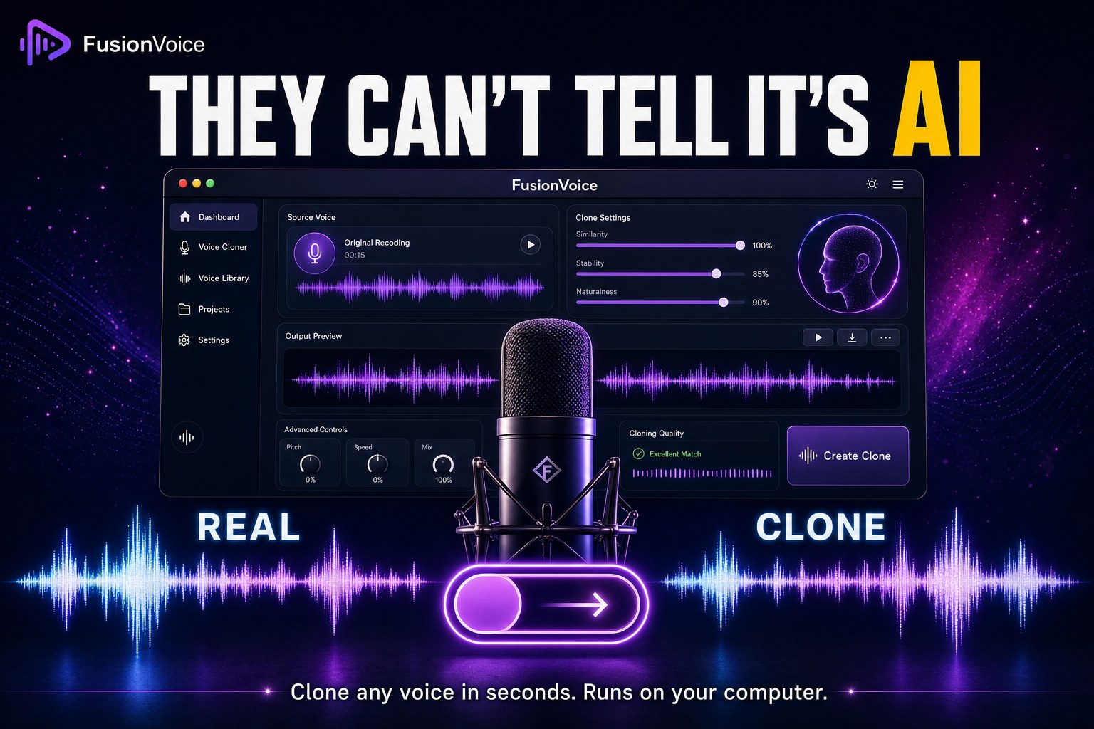 FusionVoice ad: they can't tell it's AI, voice cloning real vs clone