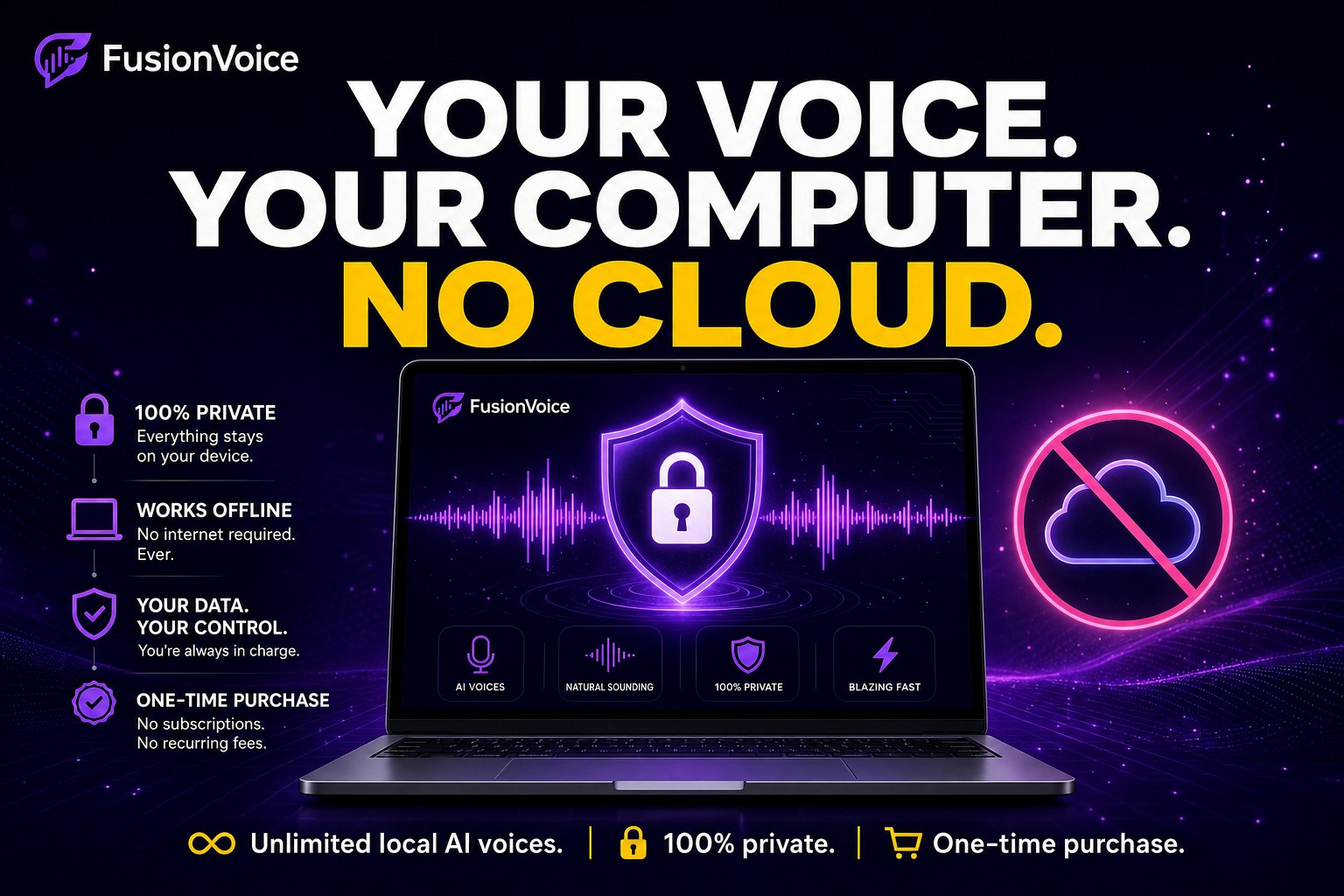 FusionVoice ad: your voice, your computer, no cloud, 100% private local AI