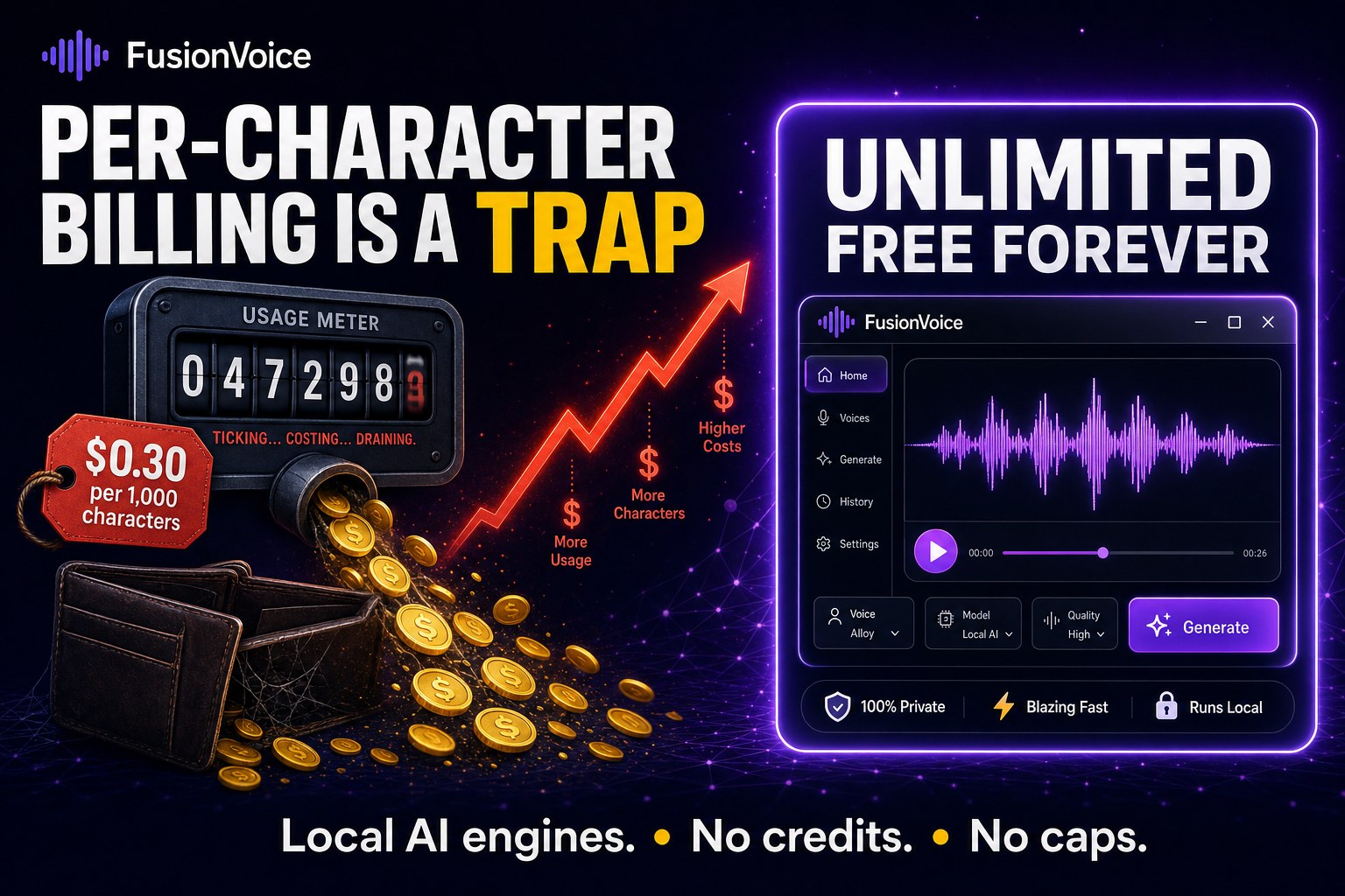 FusionVoice ad: per-character billing is a trap, unlimited free forever