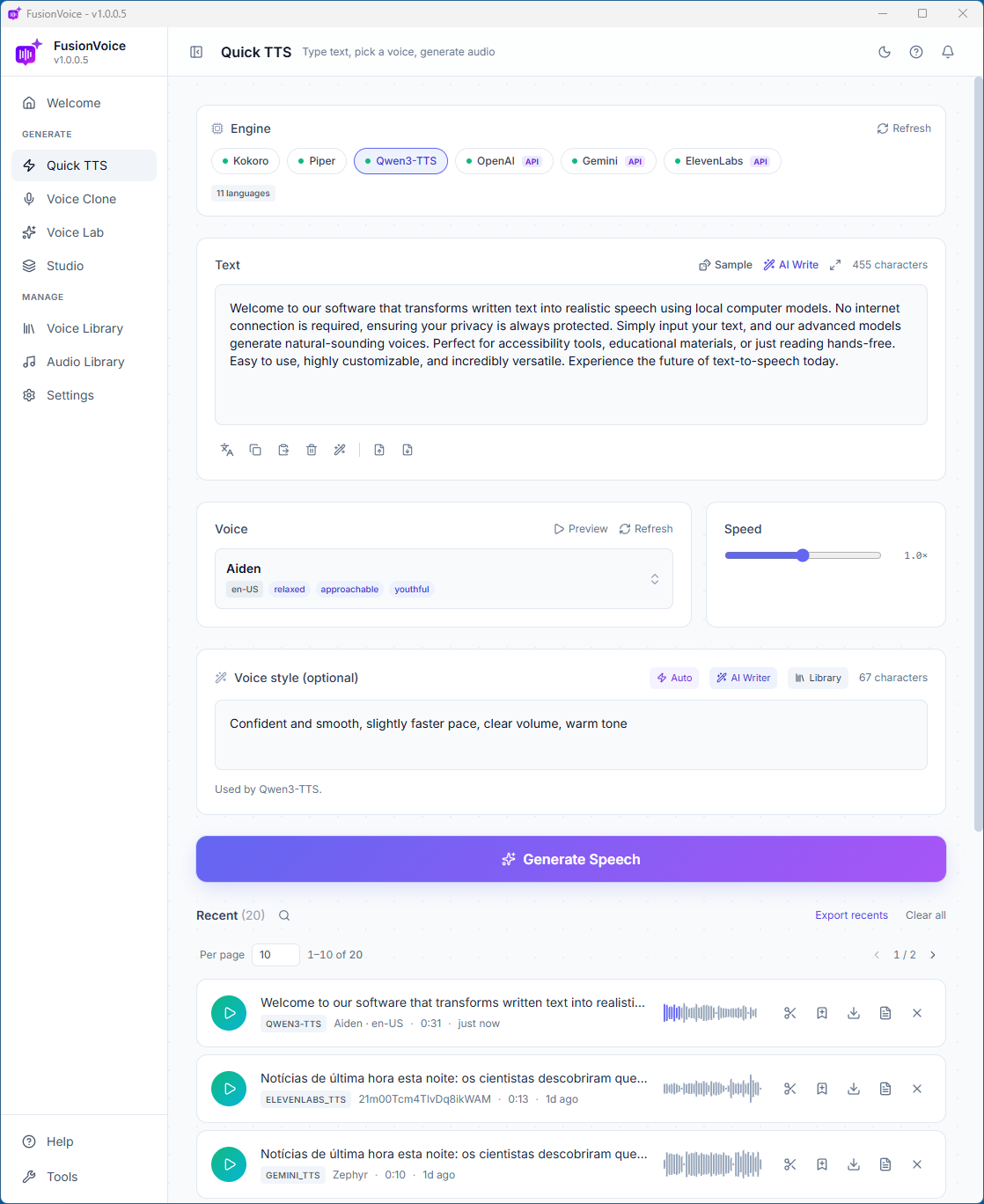FusionVoice Quick TTS interface preview