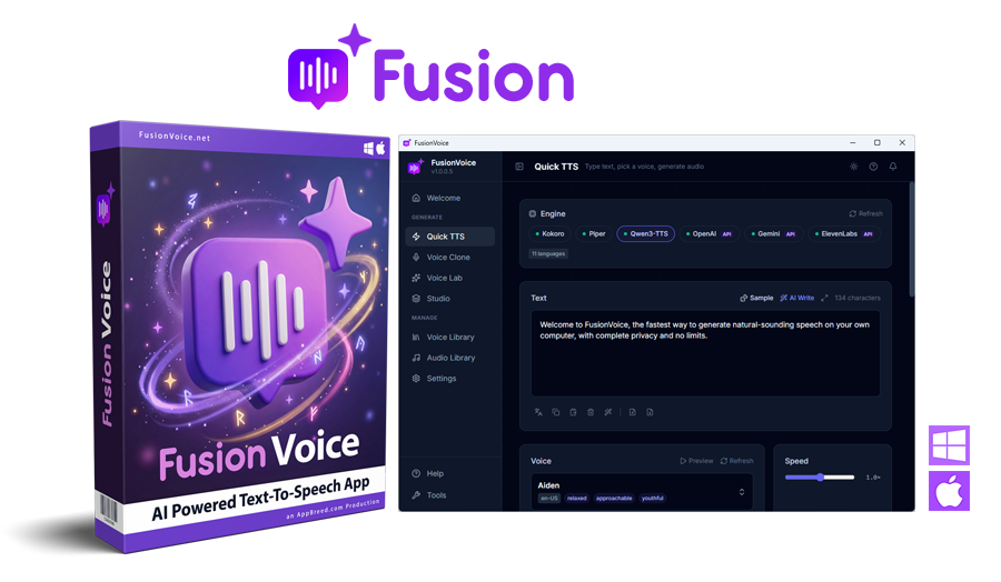 FusionVoice desktop app and software box