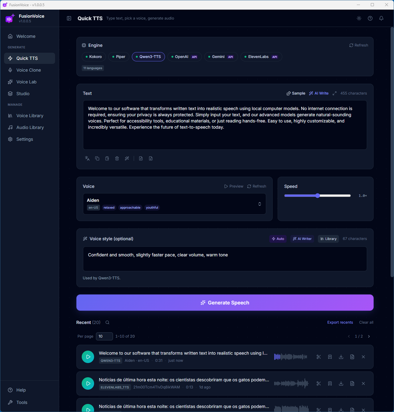 FusionVoice Quick TTS interface