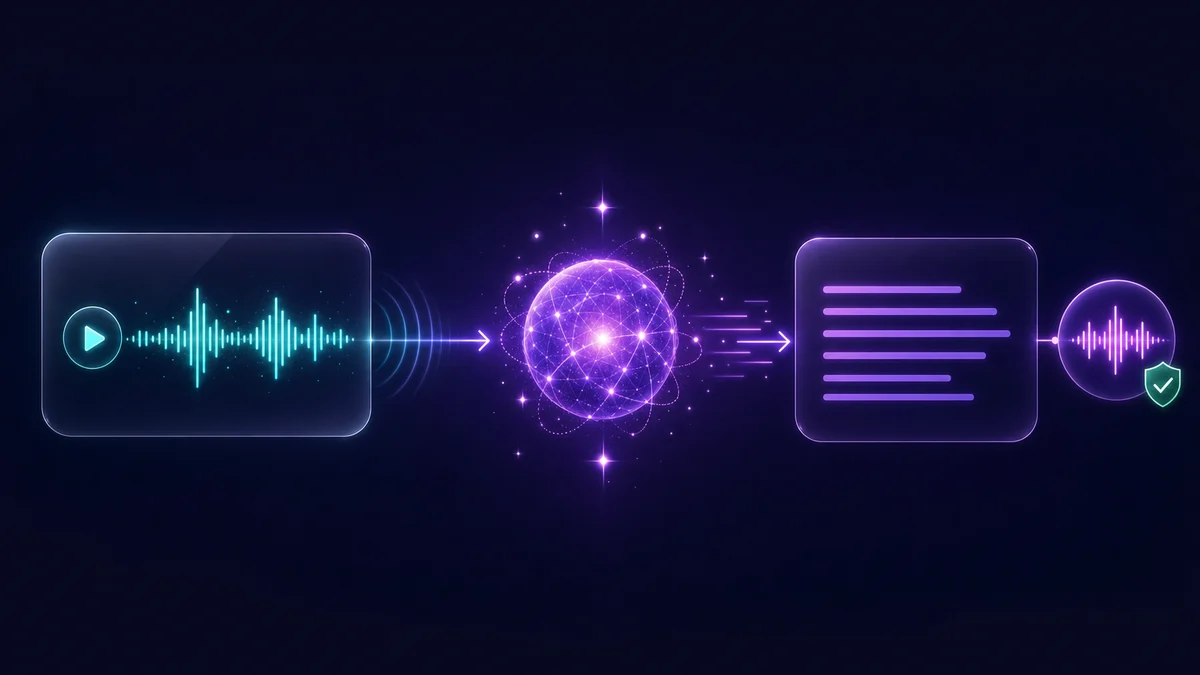 Analyze Audio: a reference clip is analyzed by AI into a written voice description that seeds an original designed voice