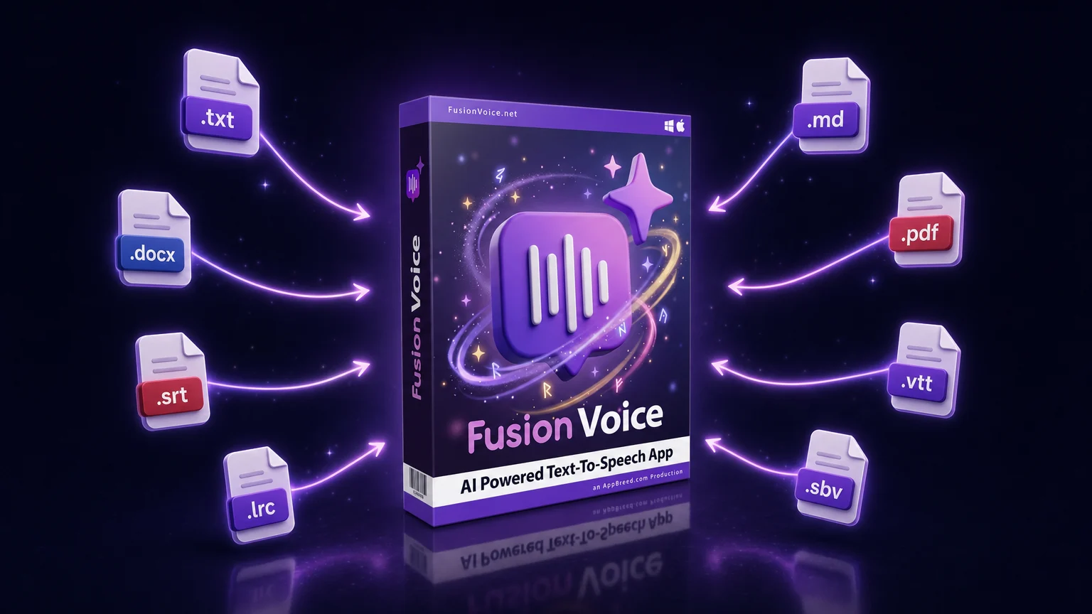 Import .txt, .md, .docx, .pdf, .srt, .vtt, .lrc and .sbv files into FusionVoice