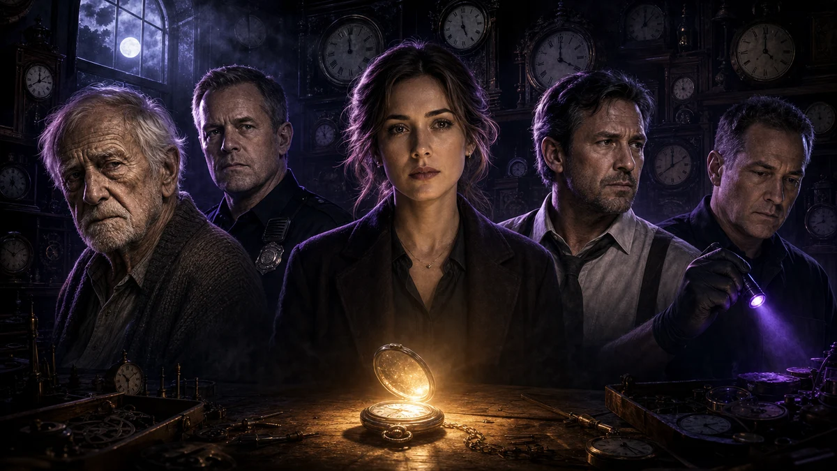The cast of The Clockmaker's Watch, five AI voices