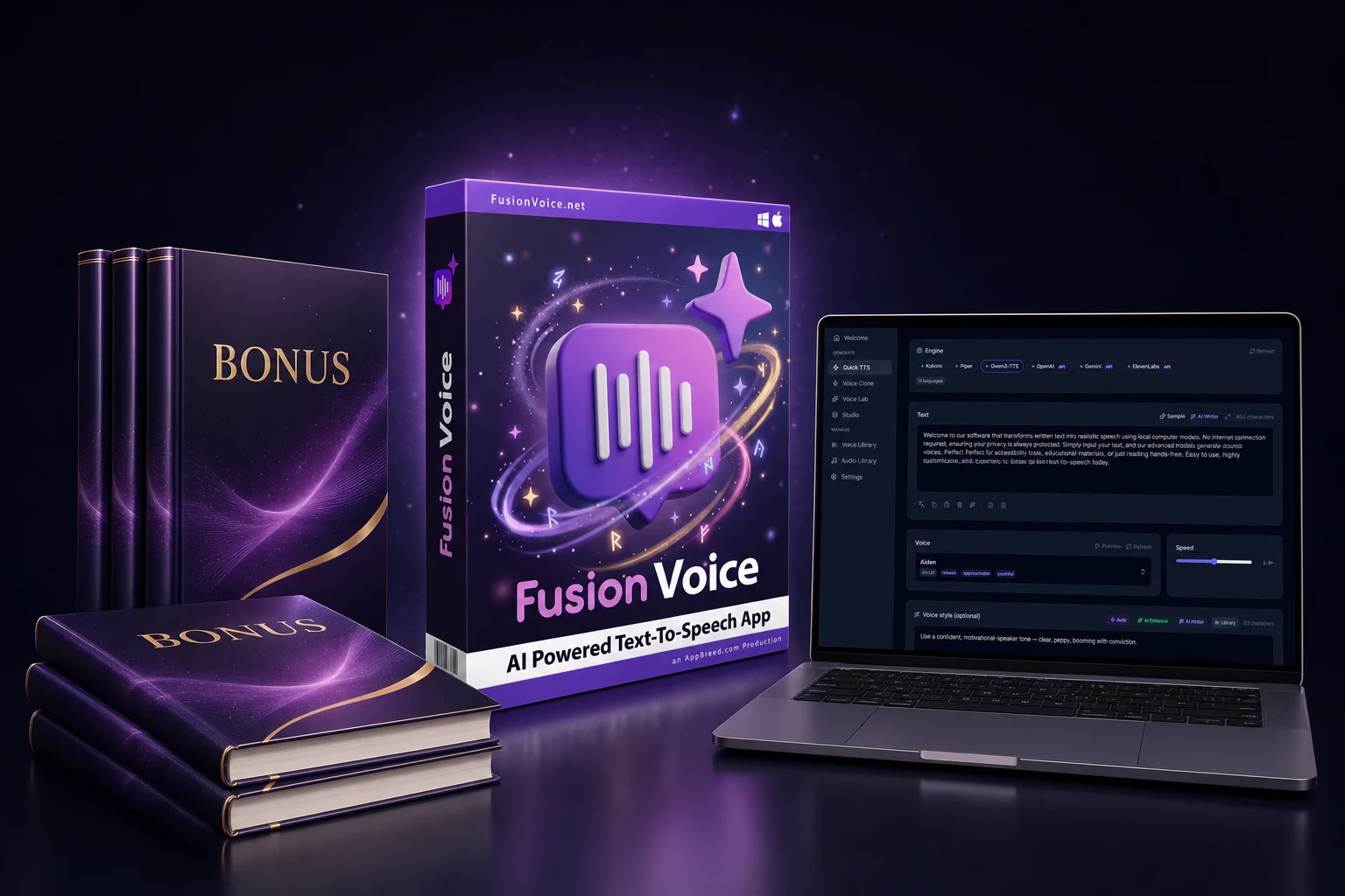 FusionVoice software bundle: the app on a laptop, the product box, and the bonus books