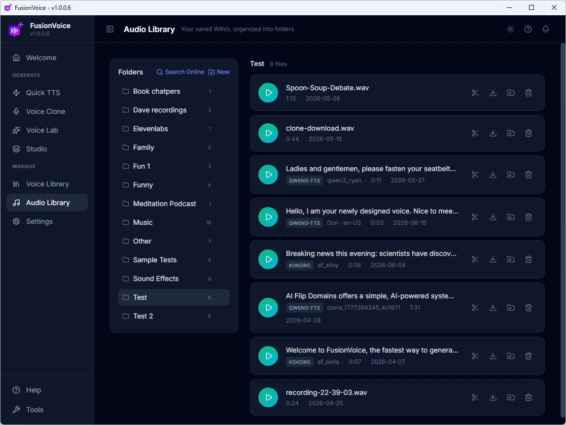 Audio Library with folders and saved audio