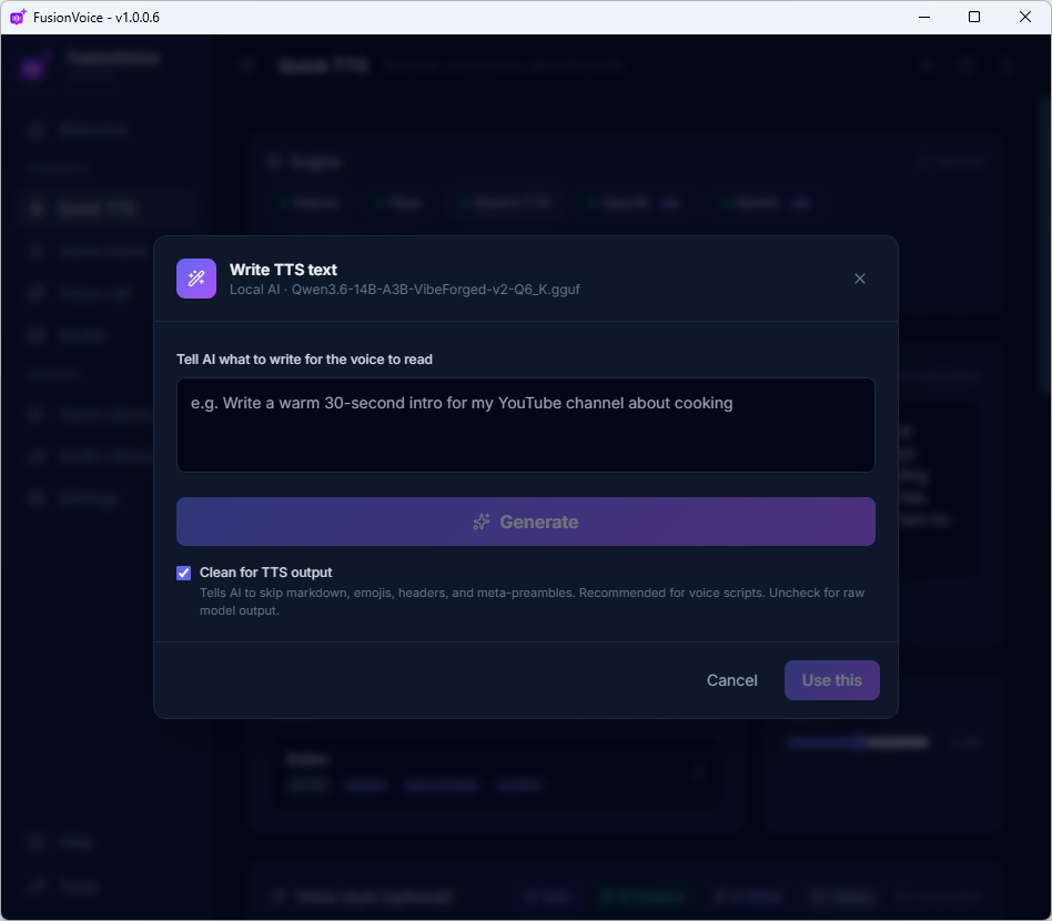AI Write dialog