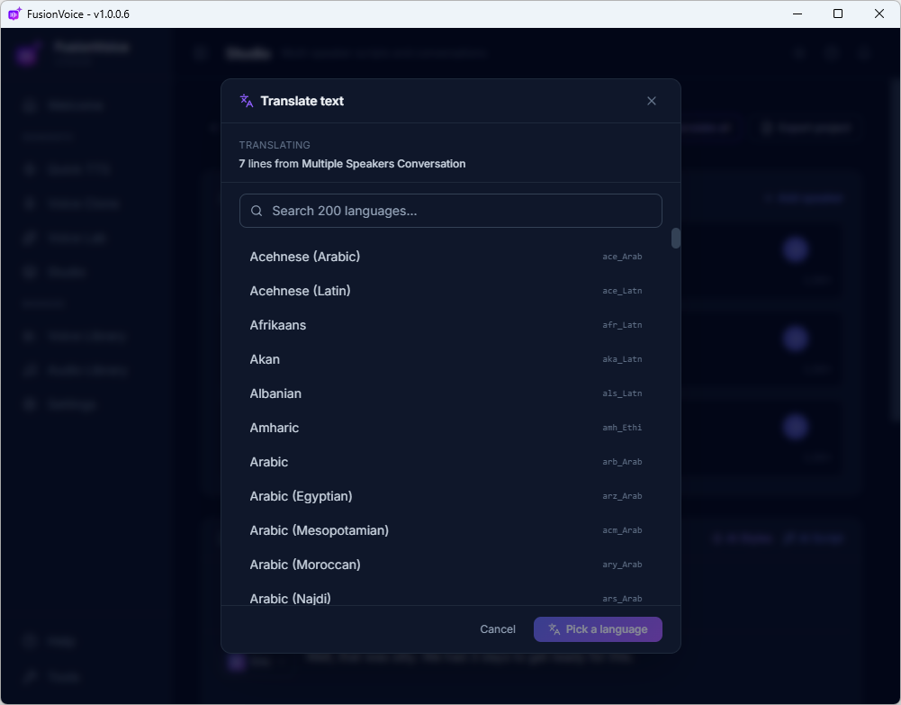 Translate dialog with 200+ languages
