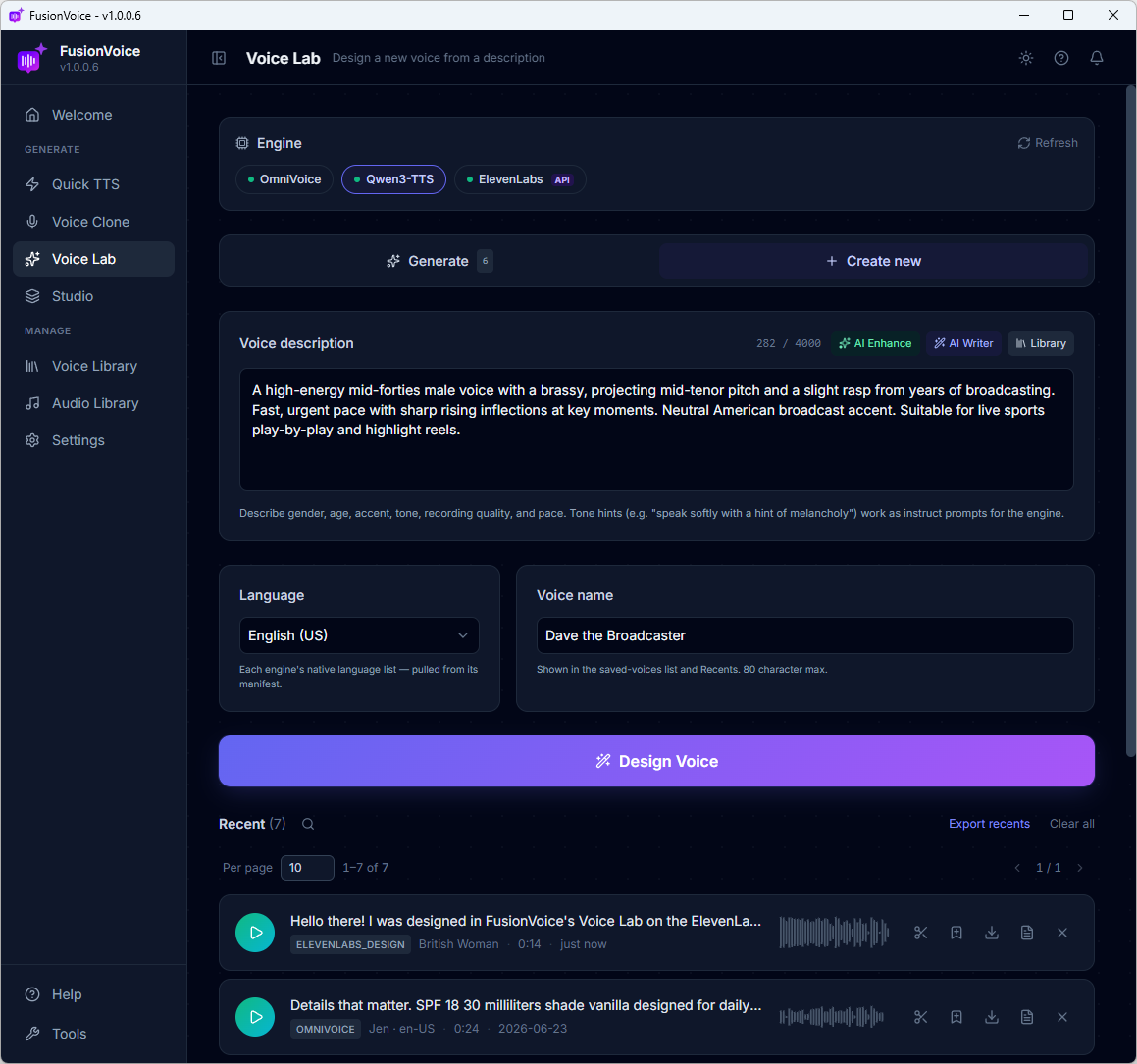 Voice Lab, designing a voice from a text description